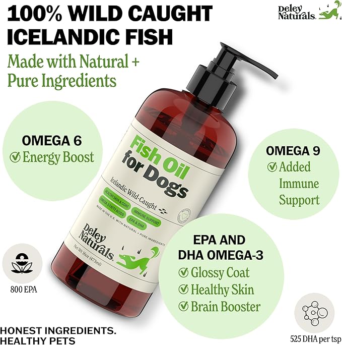 Deley Naturals Fish Oil for Dogs - Itch Relief for Dogs with Omega 3 6 9 for Skin, Joints, Heart and Brain Health - Icelandic Omega 3 Fish Oil for Dogs Skin Irritation - 16oz Omega Oil Made in USA