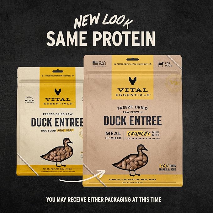 Vital Essentials Freeze-Dried Raw Duck Crunchy Mini Nibs | Complete Meal or Mixer Dog Food | 25 oz