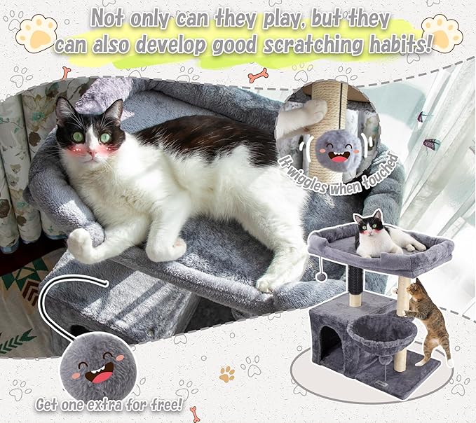 28.4" Small Cat Tree Tower,Cat Scratching Post for Indoor Cats,Featuring with Cat Cave & Cozy Perch,Cat Self Groomer and Interactive Dangling Ball Great for Kittens/Cats (Smoky Gray, Large)