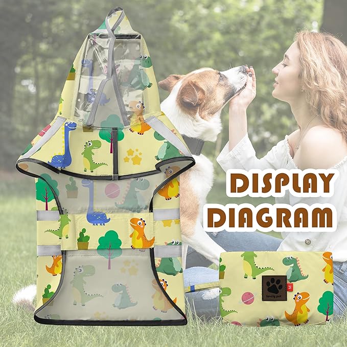 Dog Raincoat, Adjustable Rain Jacket with Hooded Double Layer for Large Medium Small Dogs Puppies, Lightweight Waterproof Rain Coat Poncho with Reflective Stripe Dinosaurs Yellow,S