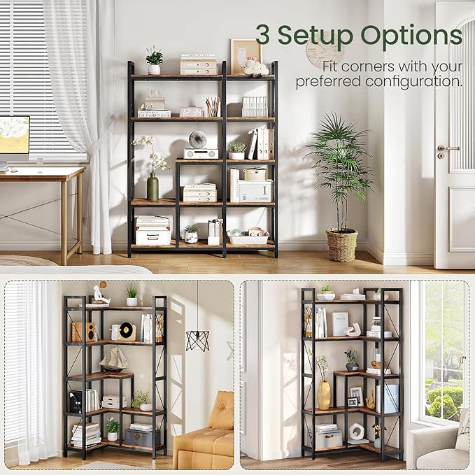 5-Tier Corner Bookshelf, 65.5'' Tall L-Shaped Bookcase, Corner Storage Stand with Metal Frame, Display Storage Rack, for Living Room, Home Office, Bedroom, Rustic Brown TSJ12BF
