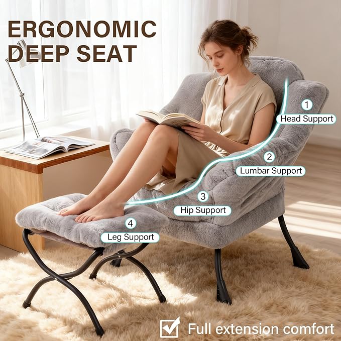 Welnow Lazy Chair with Ottoman, Modern Lounge Accent Chair with Armrests and a Side Pocket, Leisure Sofa Armchair, Reading Armchair with Footrest for Small Space, Plush Grey