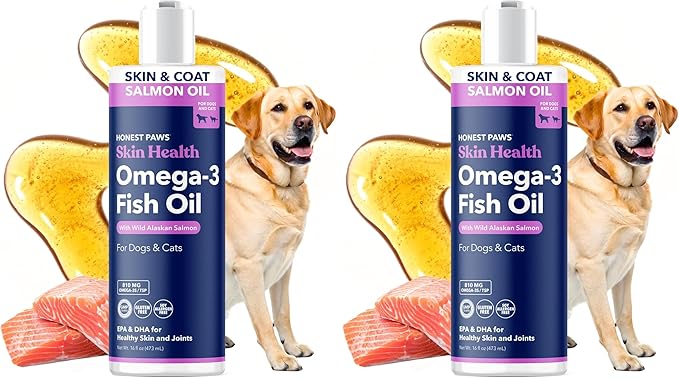 Honest Paws Salmon Oil for Dogs & Cats – Omega 3 Fish Oil Supplement for Skin, Coat, Joint & Heart Health – Natural, Sustainably Sourced Wild Alaskan Salmon, 16 oz (Pack of 2)