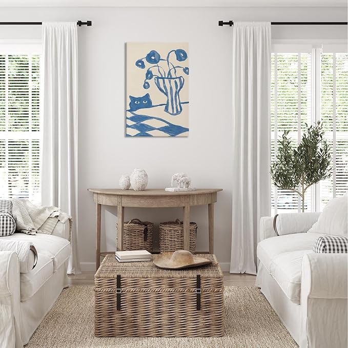 Funny Sneaky Cat Poster Scandi Animal Sketch Canvas Wall Art Blue Modern Abstract Flower Vase Aesthetic Prints Painting For Living Room Kitchen Dining Room Wall Decor 12x16in Wrapped Canvas