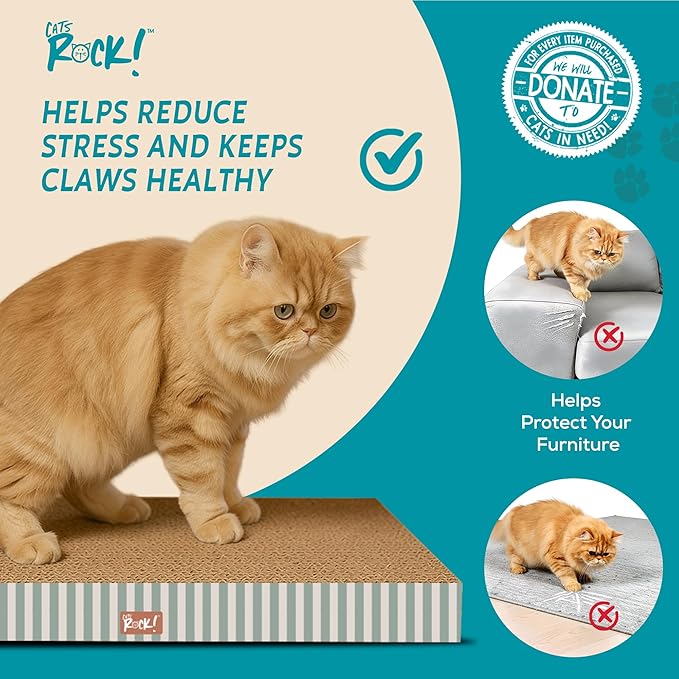 Cats Rock Scratching Board for Indoor Cats, Corrugated Cardboard Cat Scratcher with Catnip, Double-Sided Scratch Pad, Rectangle Scratcher Icon and Squares Design (Pack of 2)