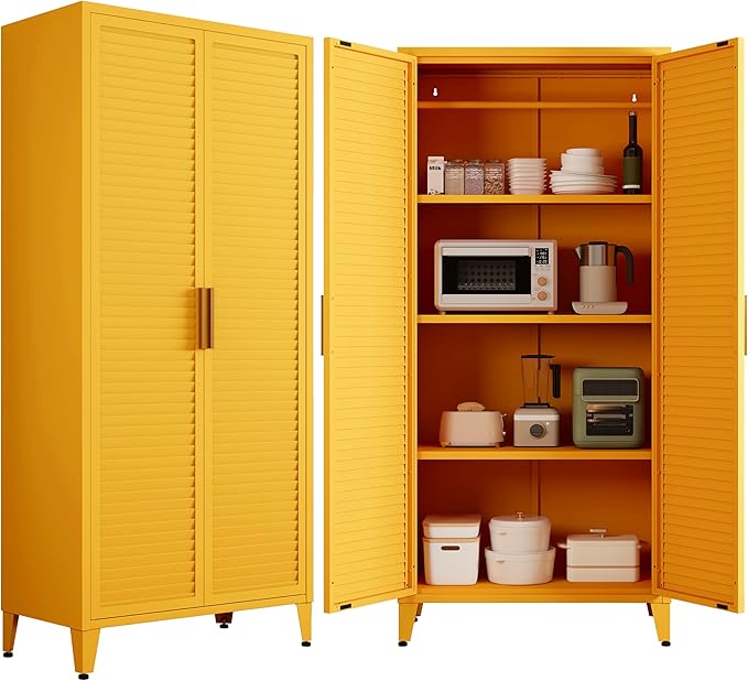Pantry Cabinet with 3 Adjustable Shelves, 4-Tier Freestanding Kitchen Storage Organizer, Multi-Function Storage Unit for Kitchen, Living Room, Home, Yellow 61" H X 27.6" W X 13.8" D