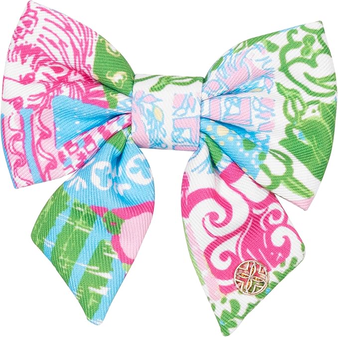 Lilly Pulitzer Pet Bow, Dog Bow Tie with Gold Logo Emblem, Elastic Collar Attachment, Durable Polyester, Easy to Clean, Stylish Pet Accessory (Crazy Quilt Home)