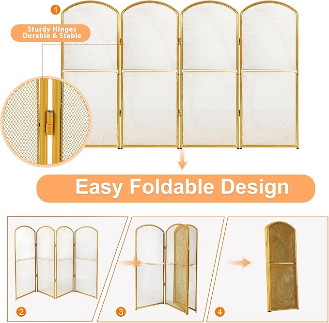 4-Panel Gold Fireplace Screen,47.8" W x 31" H,Foldable Fire Spark Guard with Wrought Metal Mesh,Modern Decorative Fire Place Gate for Living Room,Baby and Pet Proof,Home Decor,Easy Assembly