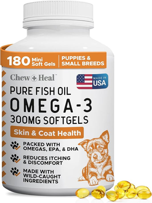 Omega 3 Fish Oil for Dogs Small Breeds & Puppies - 180 Mini Softgels, 300mg Wild Caught Salmon Oil - Skin & Coat, Shedding, Itchy Skin, Hot Spots, Allergies - EPA & DHA - Made in USA - Chew + Heal