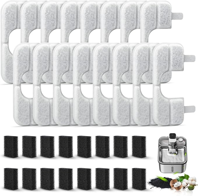 16 Pack Replacement Filters & 16 Pump Filter Sponges for Qinliy Q108 123oz/3.5L Stainless Steel Cat Water Fountain Filter Replacement