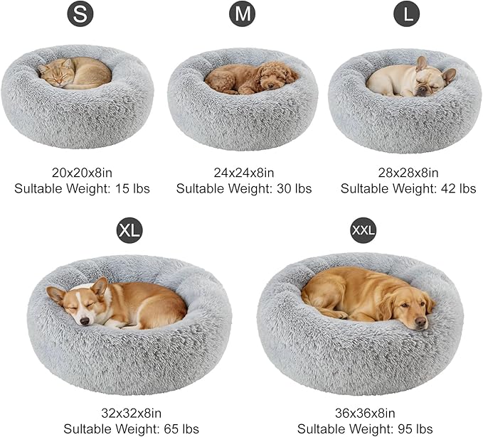 Dog Bed Calming Beds for Small Medium Dogs - Round Donut Washable Dog Bed, Anti-Slip Faux Fur Fluffy Donut Cuddler Anxiety Cat Bed(Light Grey 24")