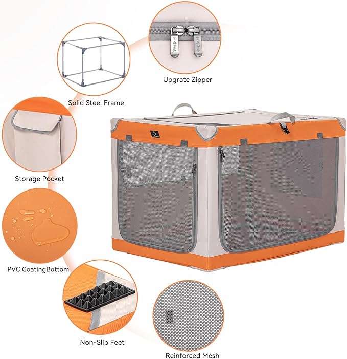 A 4 Pet Soft Dog Crate 36 Inch Mid Portable Collapsible Pet Travel Kennel, 3-Door Soft-Sided Lockable Zippers & Reinforced Steel Frame, Easy Setup, Mesh Panels — Ideal for SUV, Car, Camping & Home Use