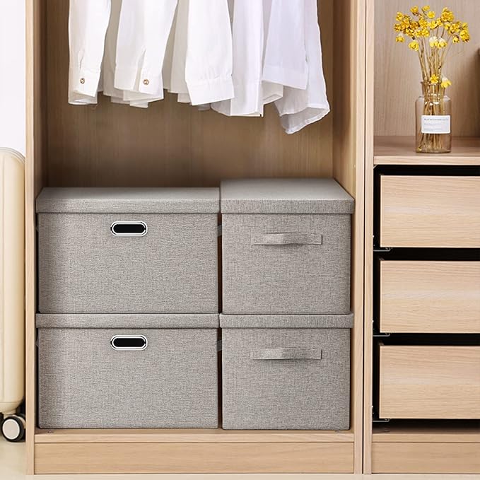 Large 17" 36 Quart Collapsible Stackable Storage Bins with Lids, 5 Packs Beige Linen Fabric Closet Boxes with Lids, Storage Cube Baskets Container Organizers for Bedroom Office(17 x12 x11)