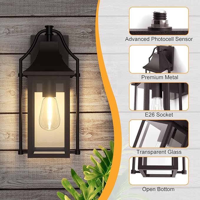Dusk to Dawn Outdoor Wall Light, Waterproof Wall Sconces, Exterior Wall Mount Lantern Sconce with Glass, Oil Rubbed Bronze Patio Lanterns for House Garage Front Door, 14.8in, 1 Pcak