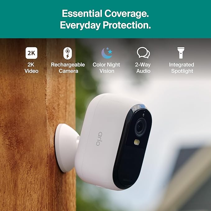 Arlo Essential Security Camera Wireless Outdoor 2K (3rd Gen, 2025 Release) - Battery Power, Person Recognition, Package Detection, Animated Preview, 1-Month Trial of Secure Plan, 2 Cam, White
