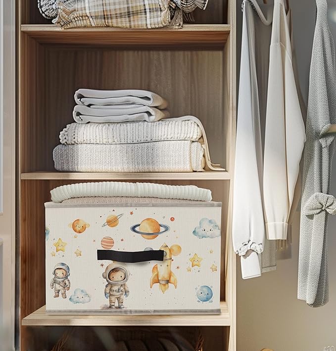 Nogrit Outer Space Storage Bins Box, Toybox for Boys, Space Astronaut Rocket Planets Foldable Baskets Organizer Container with Handles for Kids Boys Bedroom Bathroom Clothes Toys Books