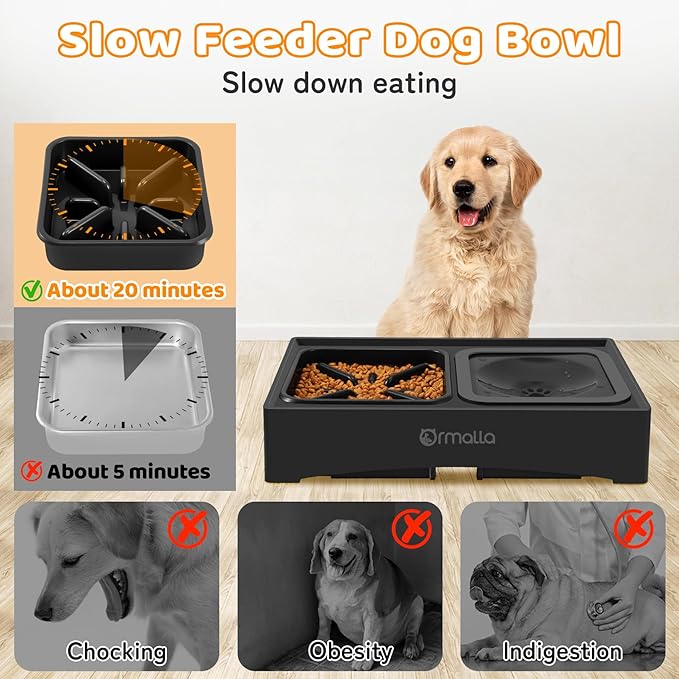 Elevated Slow Feeder Dog Bowls, Adjustable Raised Dog Bowl with No-Spill Water Bowl, Non-Slip Stand for Large, Medium, Small Dogs - 4 Heights: 3.7", 8.5", 10.1", 11.7" - Black