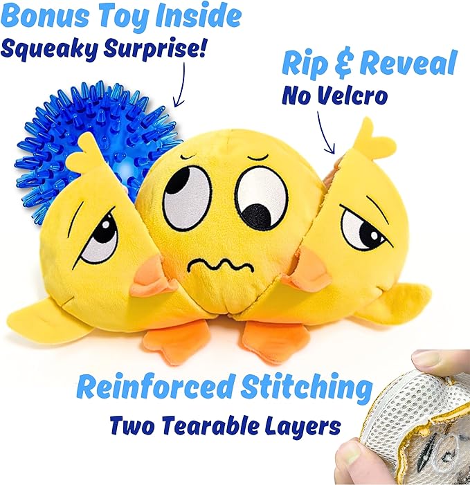 3 in 1 Squeaky Soft Plush Durable Dog Chew Toy for Aggressive Chewers, No Stuffing Interactive Tough Rip & Reveal Crinkle Yellow Duck Ball in Gift Box, Puppy, Small & Large Breed Pets Birthday Present
