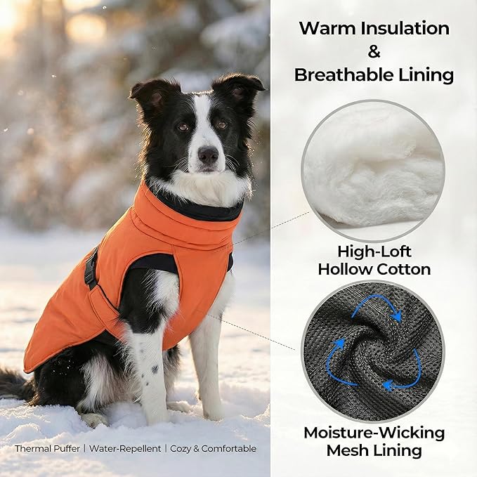 Puffer Dog Winter Coat for Rain and Snow, Water-Repellent and Windproof Jacket Keeps Dogs Warm and Dry, High Collar and Harness Opening Design, Ideal Dog Stocking Stuffer (Aurantium, X-Large)