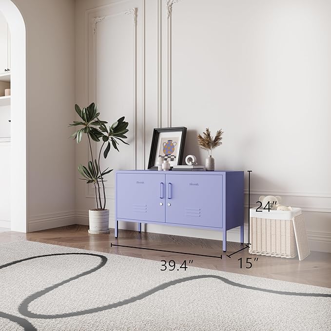 Purple Metal Storage Cabinet with Lock, 2-Door Wide Organizer, Adjustable Shelves, Multifunctional TV Stand & Entertainment Center for Bedroom, Living Room, 24" H x 39.4" W x 15" D