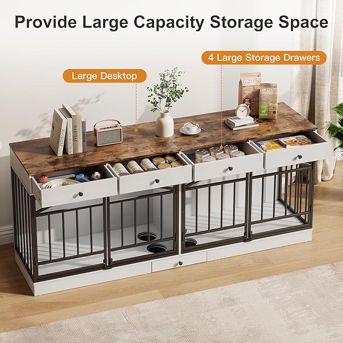 GarveeHome Dog Crate Furniture for 2 Dogs, Dog Kennel Indoor with 4 Storage Drawers and Feeding Bowls, Double Dog Crate TV Stand for Small Medium Dogs, White