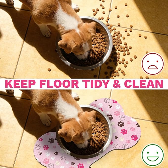 Pet Dog Cat Food Mat, Absorbent Bone Shaped Dog Bowl Mats for Food and Water, Non Slip Cute Dogs Cat Placemats Feeding Mat with Rubber for Floors Indoor Puppy Pet Accessories Supplies 17"x30" Pink