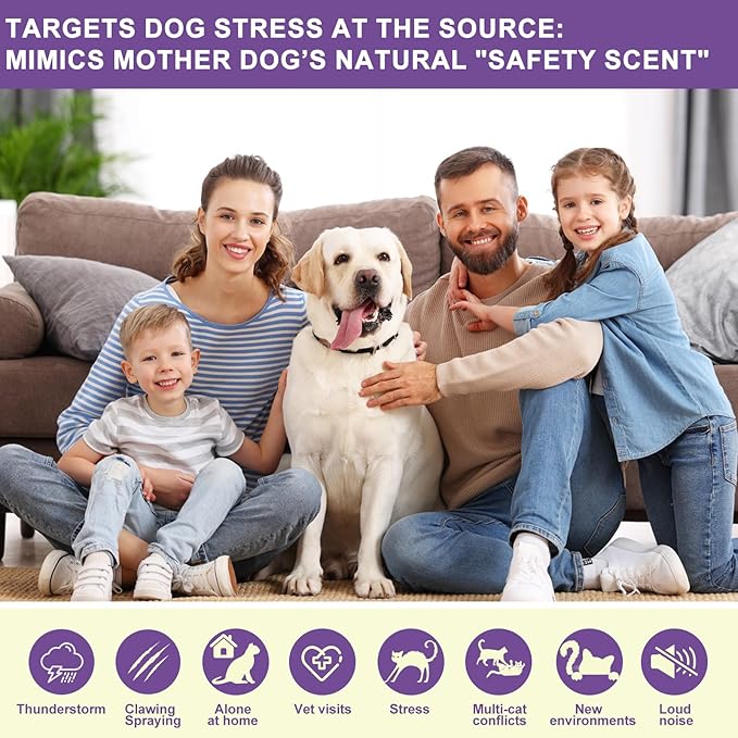 Dog Pheromone Calming Diffuser for Dogs, 4×48ml Refills & 2×Diffusers, Anxiety Relief for Separation, Thunder, Fireworks, Stop Barking, Chewing & Marking, Safe for Pets & Home