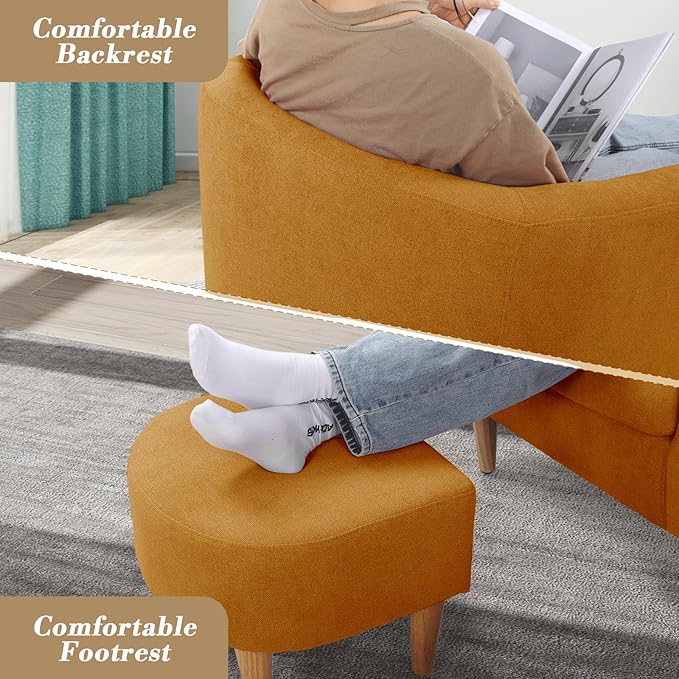 Athena Collection Modern Barrel Accent Chair with Ottoman, Furry Cozy Reading Arm Chair for Adults, Comfy Uphosltered Sofa Armchair with Footrest for Living Room, Bedroom, Small Space, Yellow