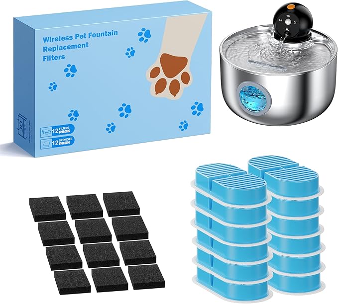 Cat Fountain Filter Replacement: Wireless Pet Water Fountain Filters - 24 Filters for Cordless Cat Drinking Fountain - 12 Pack Carbon Filters + 12 Pack Sponges Filters (6-Month Supply)