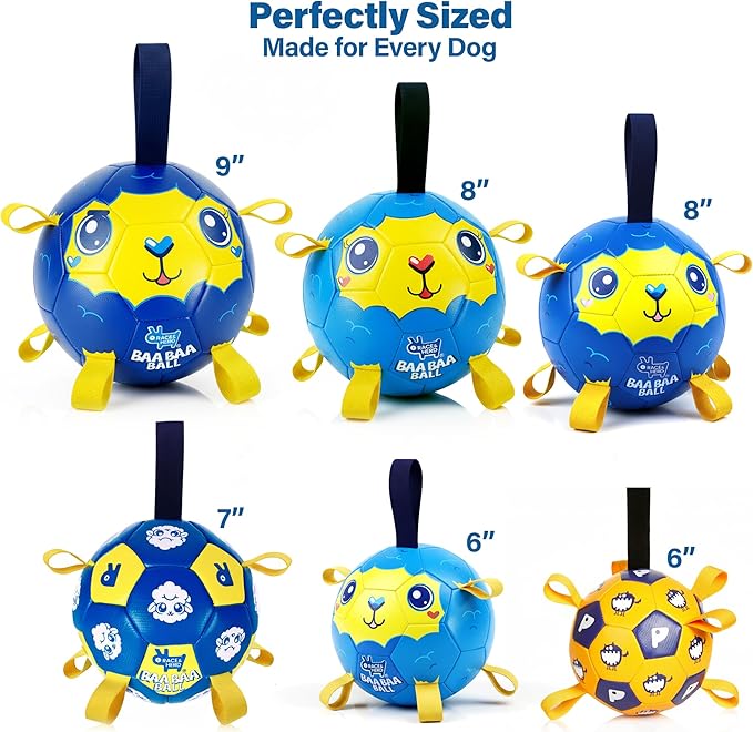 Race&Herd 8" Jolly Soccer Ball for Dogs - Tough Durable Dog Ball Toy with Straps, Pet Bouncy Herding Balls for Dogs, Floating Dog Balls with Tags for Water Fetch, BaaBaaBall (Blue)