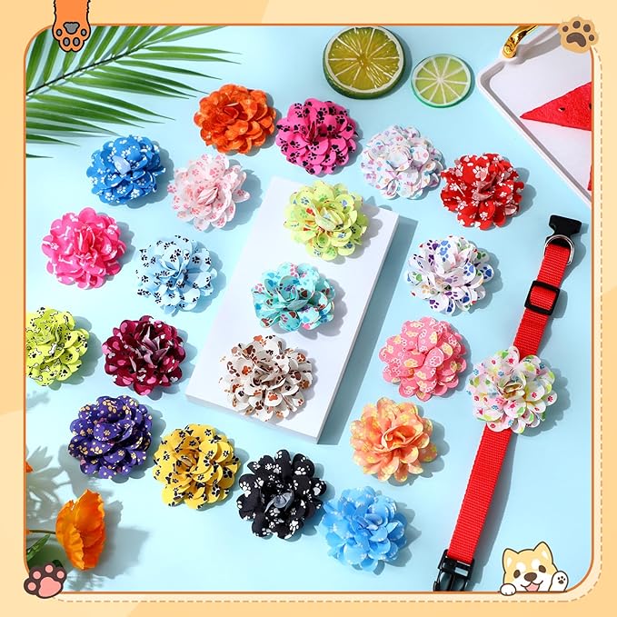 50 Pieces Paw Print Dog Collar Flowers Bulk Cute Footprints Dog Charms Grooming Accessories Bowtie Flower for Puppy Cat Collar Attachment Embellishment Pets Party Costume