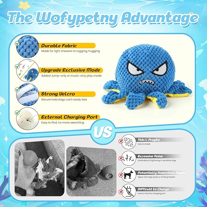 Interactive Dog Toys Octopus - Rechargeable Squeaky Dog Toy with 4 Modes Bouncing Ball, Music, Silent & Recording, Self Moving Plush Dog Toy for Small, Medium & Large Dogs to Keep Them Busy