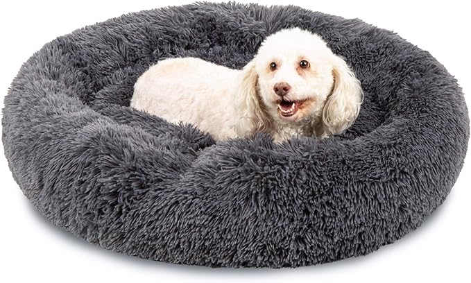Best Choice Products 36in Dog Bed Self-Warming Plush Shag Fur Donut Calming Pet Bed Cuddler w/Water-Resistant Lining, Raised Rim - Gray