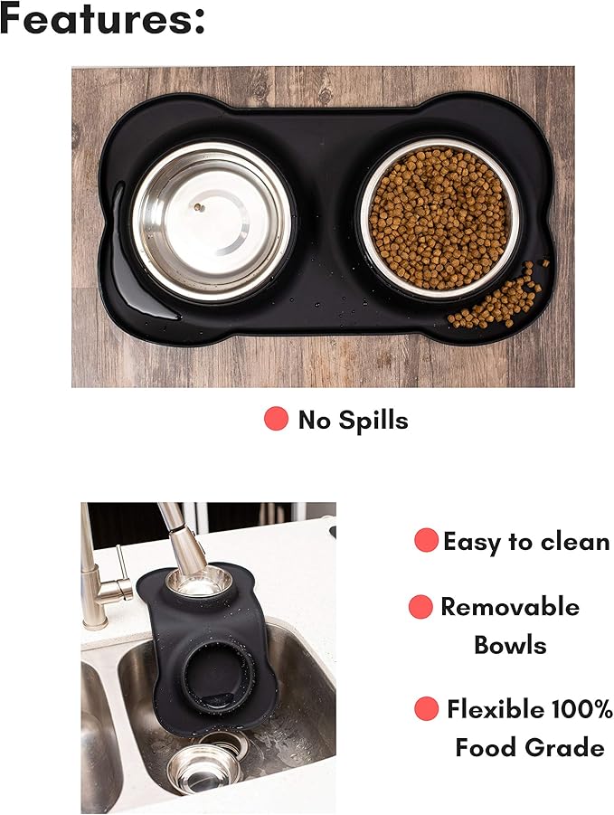 Internet's Best Bone Dog Bowl Set | Double Stainless Steel Pet Food Water Bowls | No Spill Silicone Stand | Large Medium Breeds | Black