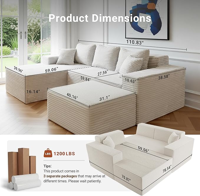 Claiks 110" Boneless Couch, Cloud Couch Sectional, U-Shape Corduroy Modular Sectional Sofa Deep Seat, Upholstered Couches for Living Room, No Assembly Required, Beige