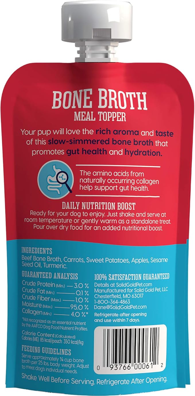 Solid Gold Beef Bone Broth for Dogs - Grain Free Dog Food Topper Rich in Collagen and Superfoods - Nutrient Dense Dog Gravy Topper for Dry Food - Promotes Gut Health and Hydration - Single