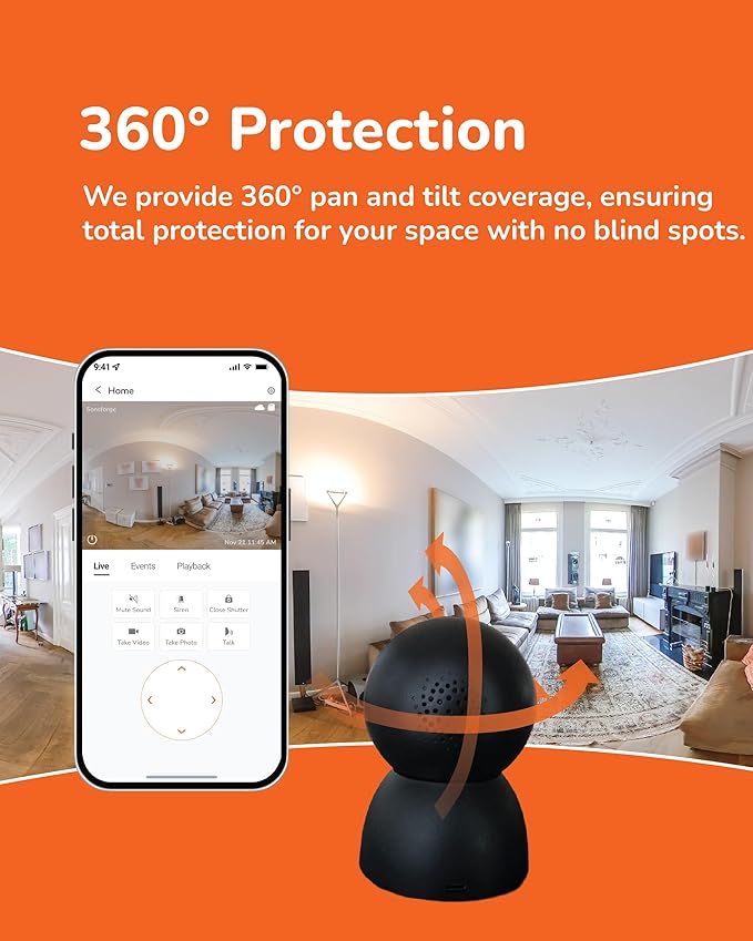 SensForge 2.5K Indoor Pan-Tilt Dome Security Camera, 360° Coverage, AI Human & Pet Detection, Two-Way Talk, Dual-Band Wi-Fi (2.4G/5G), 64GB SD Card, Free Basic Plan, Optional Subscription (1, Black)