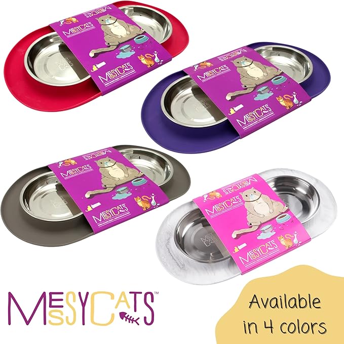 Messy Cats Double Silicone Feeder with Stainless Saucer Shaped Bowl | Anti-Slip Non-Skid Cat Food Bowls | Two Cat Bowls in Feeding/Water Station | 1.75 Cups per Bowl (Marble)
