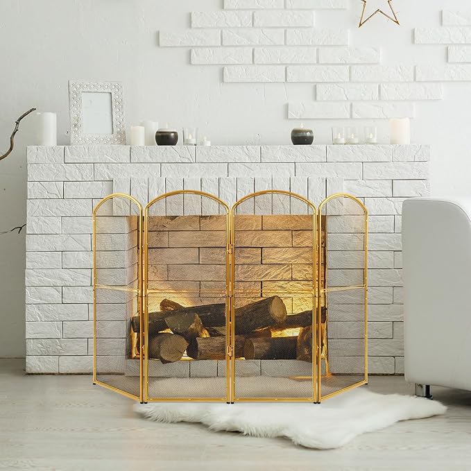 4-Panel Gold Fireplace Screen,47.8" W x 31" H,Foldable Fire Spark Guard with Wrought Metal Mesh,Modern Decorative Fire Place Gate for Living Room,Baby and Pet Proof,Home Decor,Easy Assembly