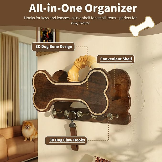 MTERSN Decorative Dog Leash Holder for Wall - Bone Shape Key Holder Wall Mount with 5 Cute 3D Doggie Paw Key Hooks & Floating Shelf to Organize Dog Stuff - Wall Decor Living Room for Pet (Dark Acacia)