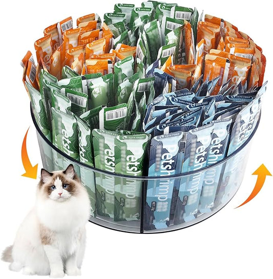 Lickable Cat Treats Organizer, Lazy susan Acrylic Squeeze Up Cat Food Storage Container, 11.42" Essential Storage for Pet Treats, Wet Cat Treats Storage for Kitchen Cabinet Pantry Shelf Countertop