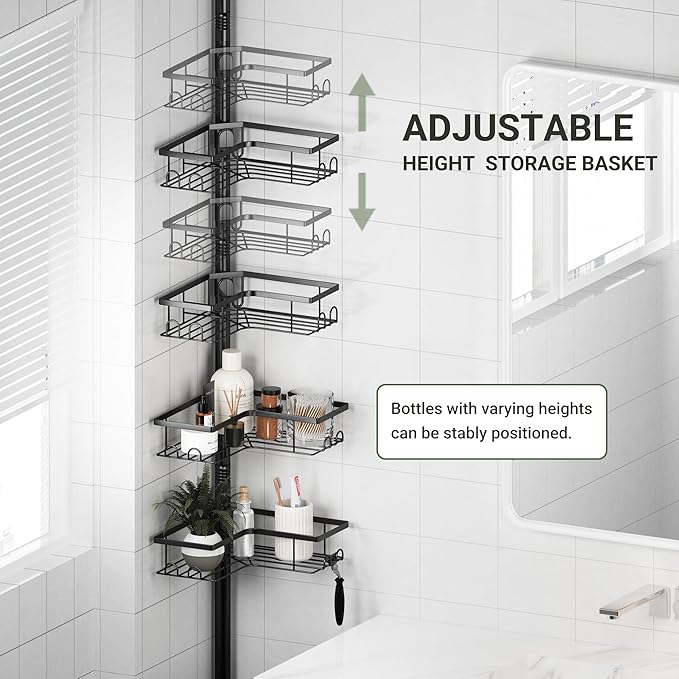 Corner Shower Caddy Tension Pole, 4-Tier Stainless Steel Rustproof Bathroom Shower Organizer，47-114Inch Height Adjustable Shower Shelves, No-Drill Required Black
