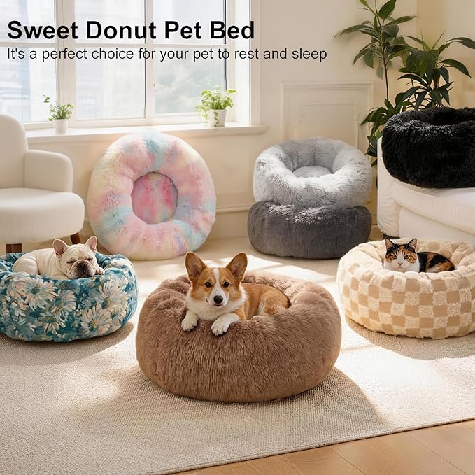 Dog Calming Beds for Small Medium Large Dogs - Round Donut Washable Puppy Dog Bed, Anti-Slip Faux Fur Fluffy Donut Cuddle Anxiety Cat Pet Bed (36" Grid)