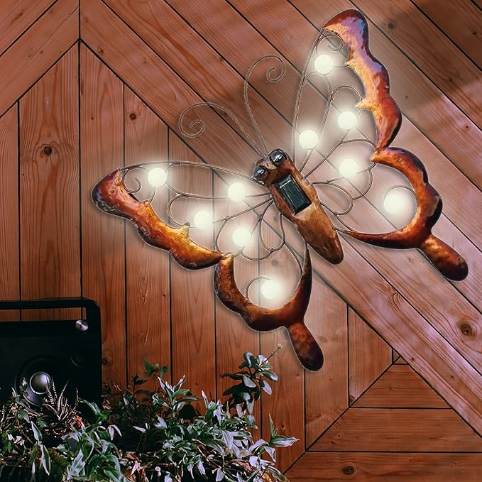 J-Fly Metal Butterfly Solar LED Light Outdoor Wall Art, Solar Butterfly Wall Hanging Outdoor Decoration, Metal Garden Fence Art Decor, 13 * 14 Inch Large Suitable for Garden Patio Fence Balcony Decor
