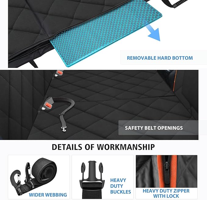 Back Seat Extender for Dogs-Mesh Window, Dog Car Seat Cover for Back Seat, 400lbs Capacity Hard Bottom, Waterproof Dog Hammock for Mid-Size Cars, SUVs, Black/Orange(52‘x24.8’)