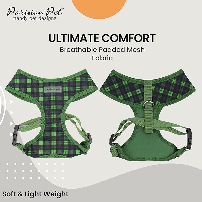 Parisian Pet Adjustable Plaid Green Dog Vest Harness - No Choke, Padded, No Pull - Small-Sized Dog - Cooling for Walking, Running, Hiking - Puppy