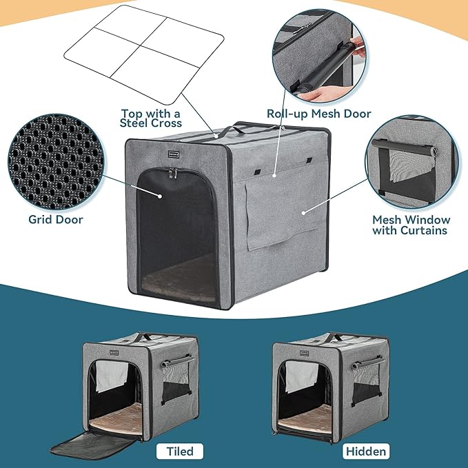 PETSFIT Dog Travel Crate, Soft Dog Crate - 31 Inch with Thicken Mat, Easy to Fold, Sturdy and Portable, Perfect for Traveling, Soft Sided Dog Crate Grey