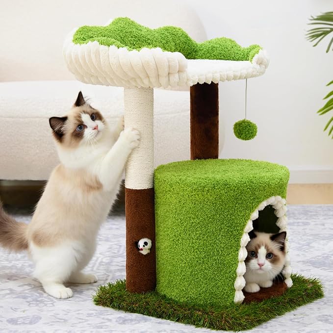 Multi-Level Cat Tree with Sisal Scratching Post, Small Cat Tower with Cozy Condo, Soft Top Perch and Interactive Toy Mouse, Cute Forest Design Cat Furniture for Indoor Cats and Kittens