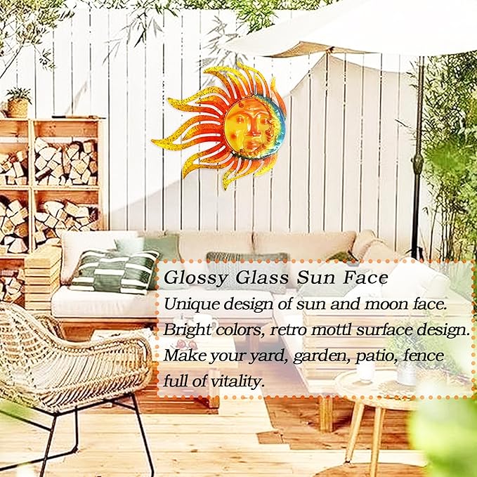 Metal Sun Moon Wall Art Decor, 12 Inch Retro Hanging Decor With Glass, Flame Sun Outdoor Indoor Wall Decorations For Patio Yard Garden Fence Living Room Bedroom