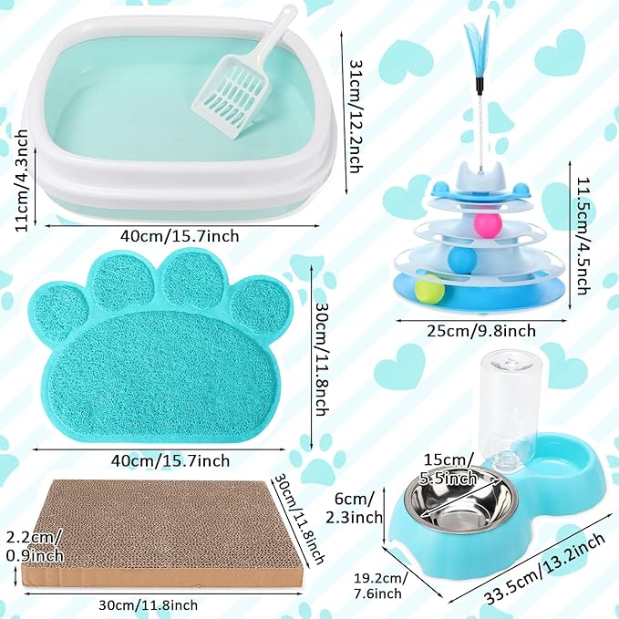 5 Pcs Small Cat Kitten Starter Kit Include Litter Box with Shovel Cat Paw Litter Mat Scratch Pad Automatic Bowls Turntable Toys Balls Essentials Kits for Kittens Life(Blue)